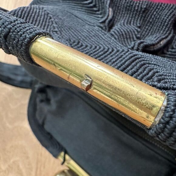 Vintage 1940s Genuine Corde Black Handbag with Brass Clasp Frame Bag Clutch - Picture 12 of 14